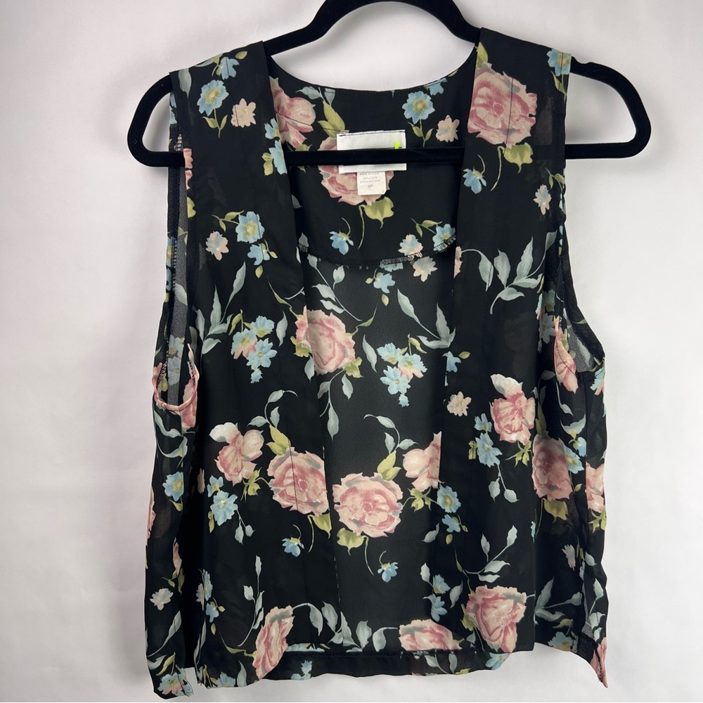 Stacey! Black Sheer Floral Open Front Vest Blouse, Vintage USA Made 8P, Romantic - Picture 2 of 10